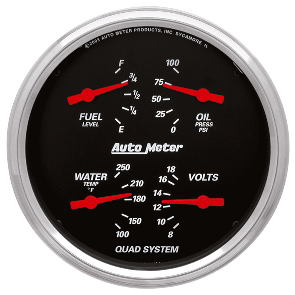 AutoMeter 5" Quad Gauge, 100 PSI/100-250 F/8-18V/0-90 Ohm, Designer Black