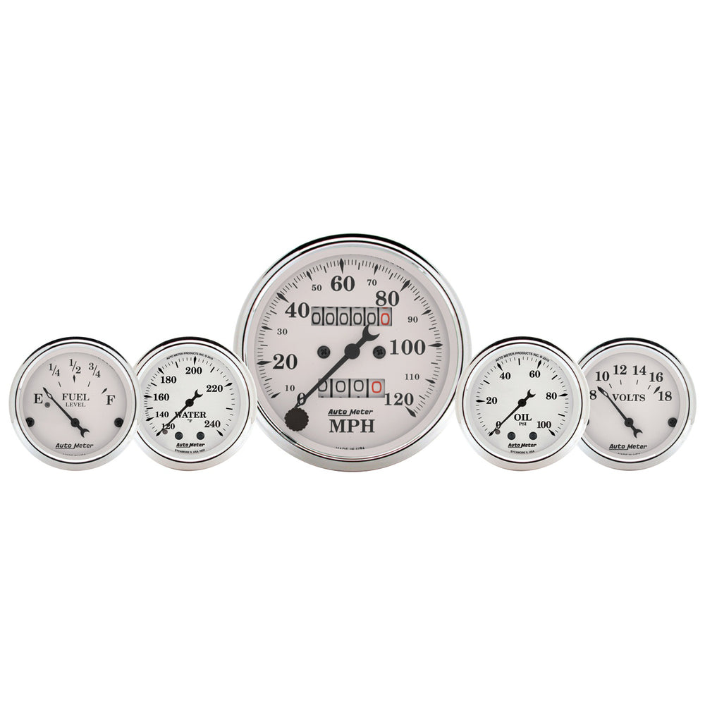AutoMeter 5 PC. Gauge Kit, 3-1/8" & 2-1/16", Mech. Speedo., Wtmp & Oilp, Old Tyme Wht