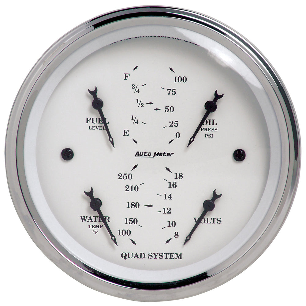 AutoMeter 3-3/8" Quad Gauge, 100 PSI/100-250 F/8-18V/240-33 Ohm, Old-Tyme White