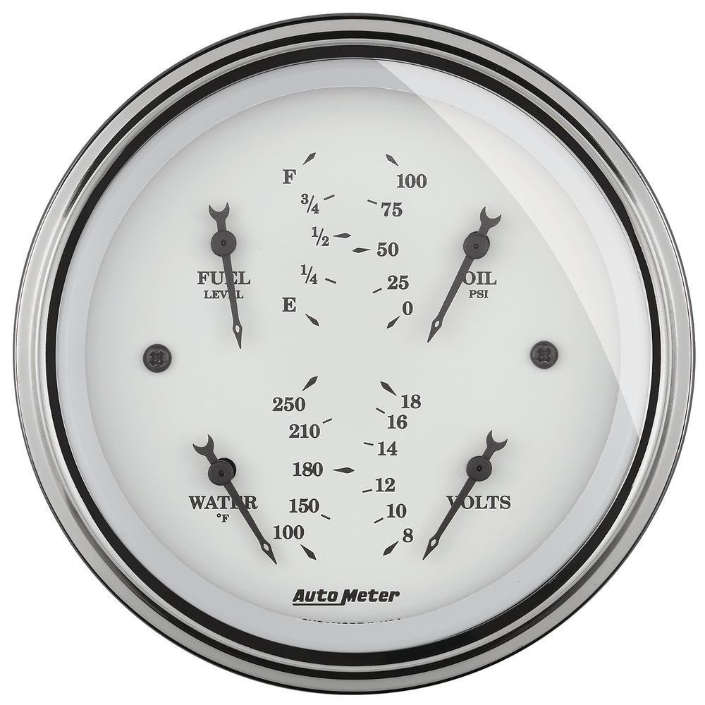 AutoMeter 3-3/8" Quad Gauge, 100 PSI/100-250 F/8-18V/0-90 Ohm, Old-Tyme White