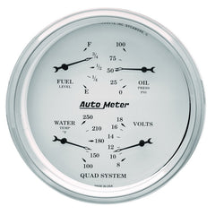 AutoMeter 5" Quad Gauge, 100 PSI/100-250 F/8-18V/0-90 Ohm, Old-Tyme White
