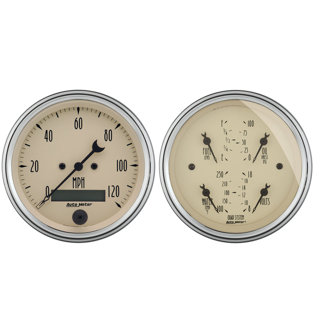 AutoMeter 2 PC. Gauge Kit, 3-3/8" Quad & Speedometer, 240-33 Ohm, Antique Beige