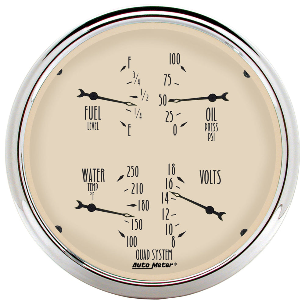 AutoMeter 5" Quad Gauge, 100 PSI/100-250 F/8-18V/240-33 Ohm, Antique Beige