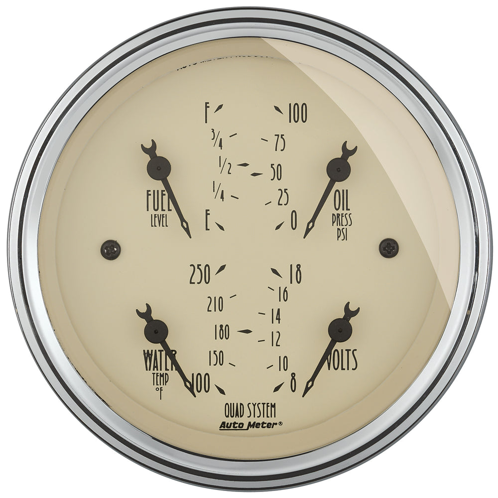 AutoMeter 3-3/8" Quad Gauge, 100 PSI/100-250 F/8-18V/240-33 Ohm, Antique Beige