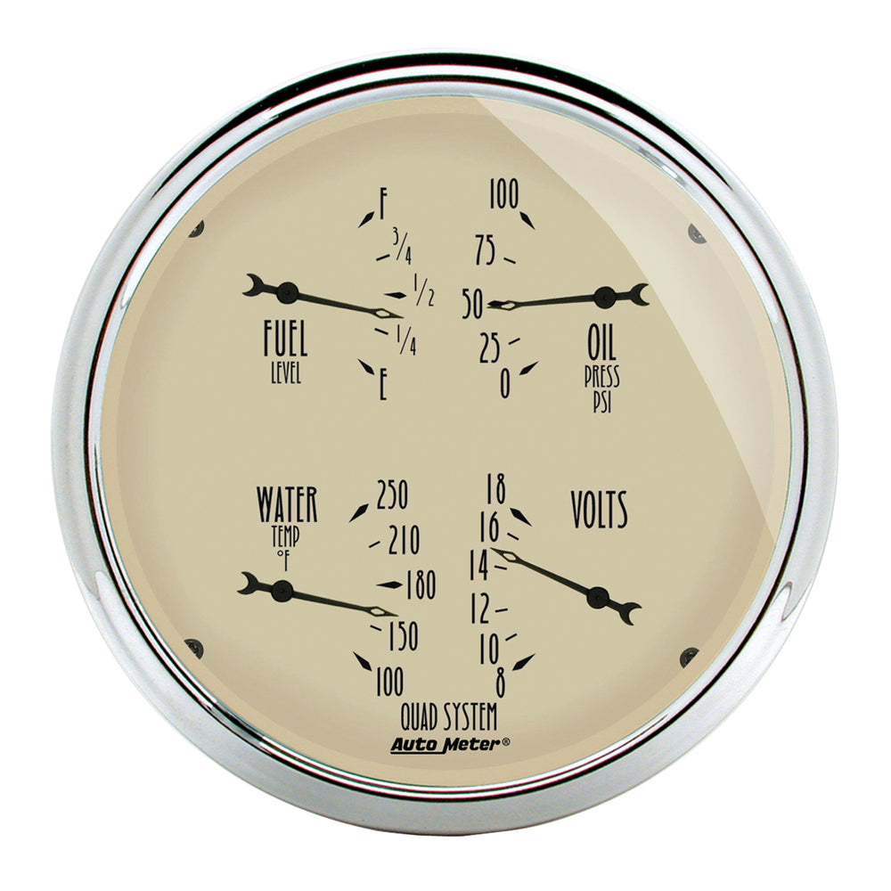 AutoMeter 5" Quad Gauge, 100 PSI/100-250 F/8-18V/0-90 Ohm, Antique Beige