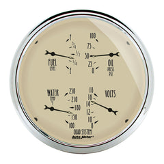 AutoMeter 5" Quad Gauge, 100 PSI/100-250 F/8-18V/0-90 Ohm, Antique Beige