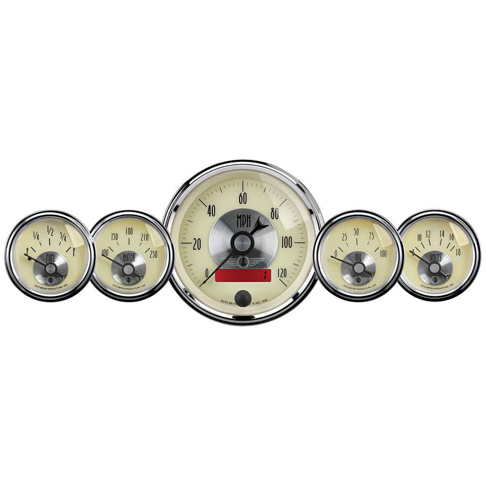 AutoMeter 5 PC. Gauge Kit, 3-3/8" & 2-1/16", Elec. Speedo W/Lcd Odo, Prestige Antq. Ivory