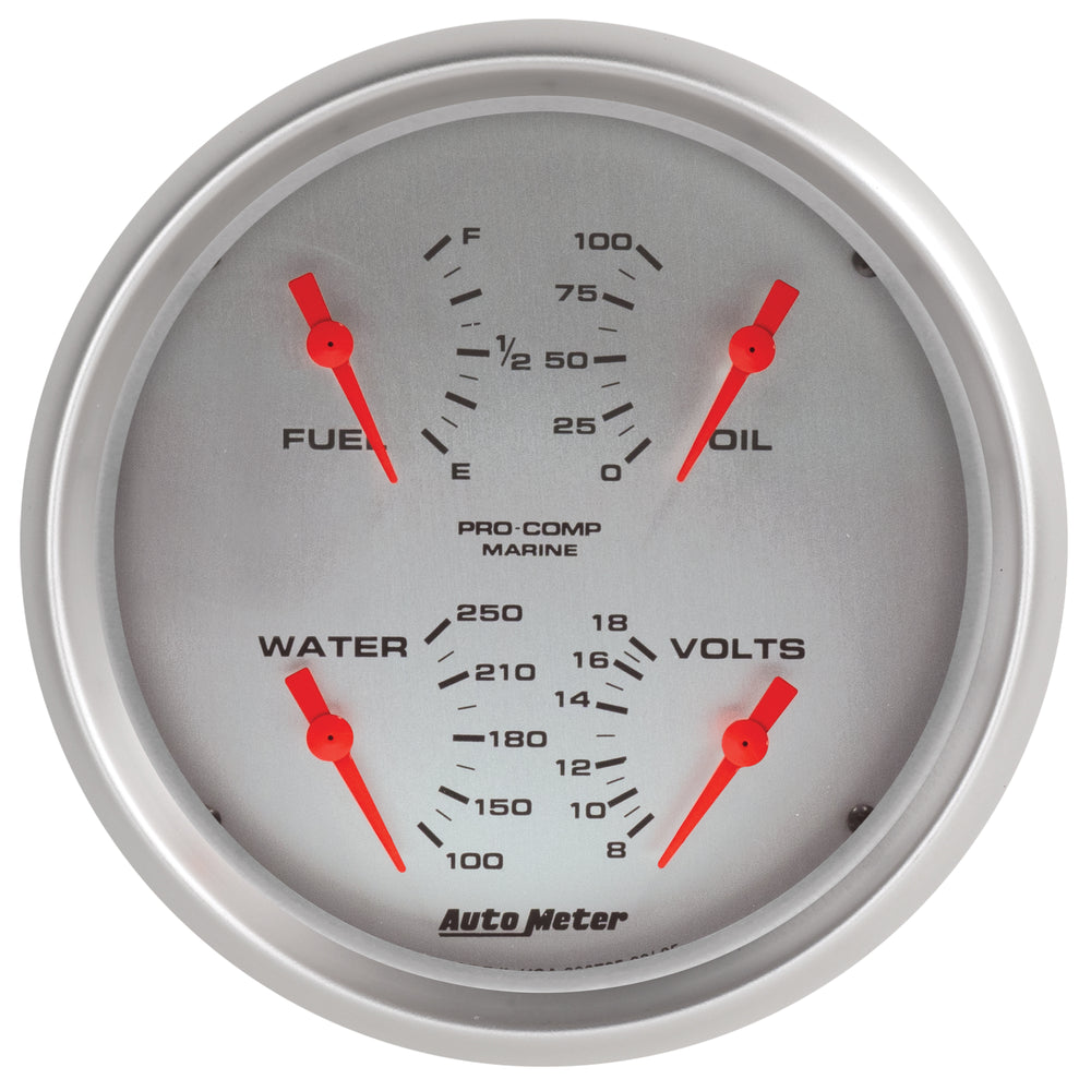 AutoMeter 5" Quad Gauge, 100 PSI/100-250 F/8-18V/240-33 Ohm, Marine Silver
