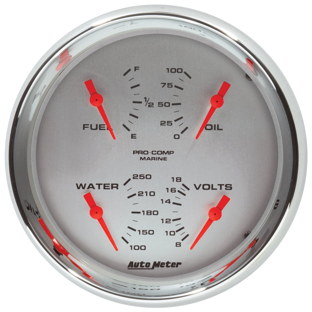 AutoMeter 5" Quad Gauge, 100 PSI/100-250 F/8-18V/240-33 Ohm, Marine Chrome