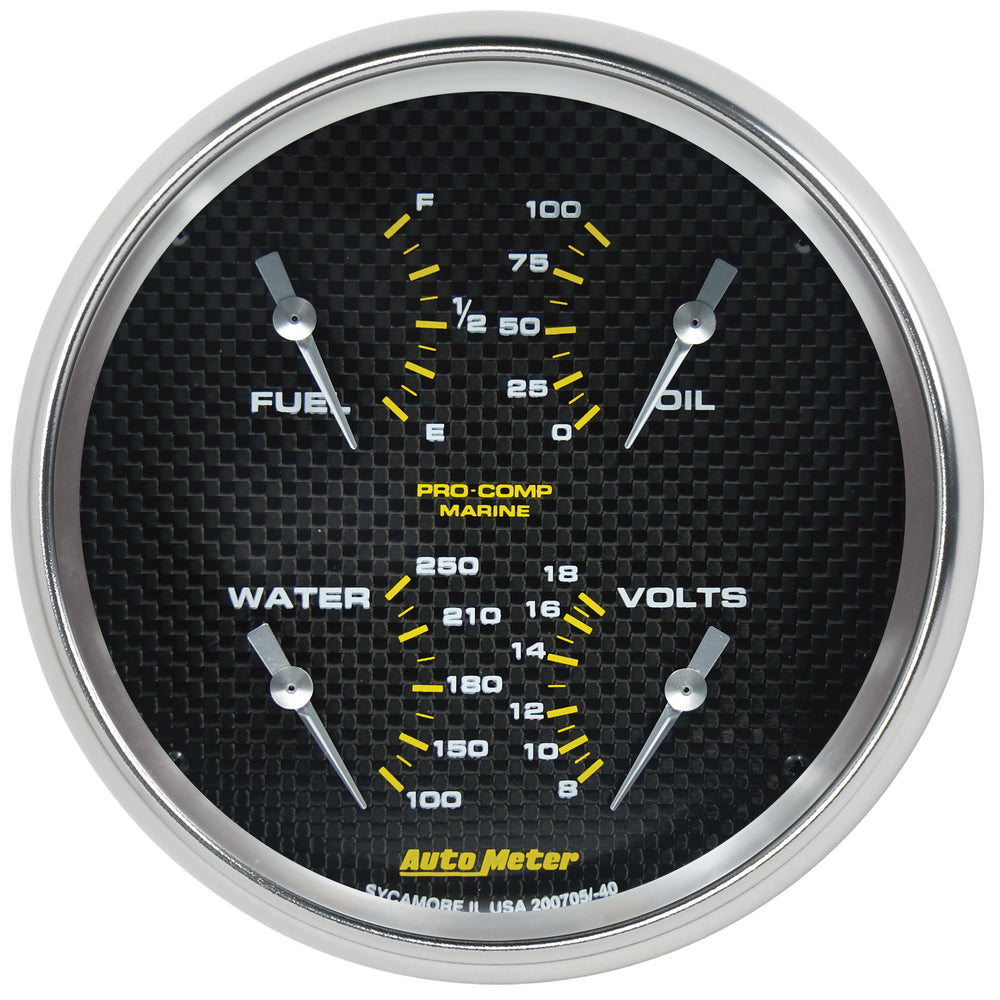 AutoMeter 5" Quad Gauge, 100 PSI/100-250 F/8-18V/240-33 Ohm, Marine Carbon Fiber