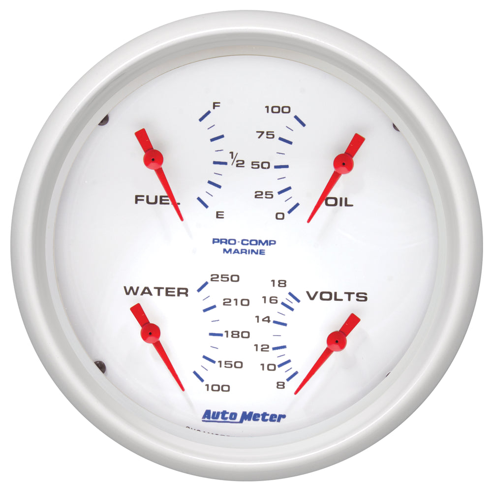 AutoMeter 5" Quad Gauge, 100 PSI/100-250 F/8-18V/240-33 Ohm, Marine White