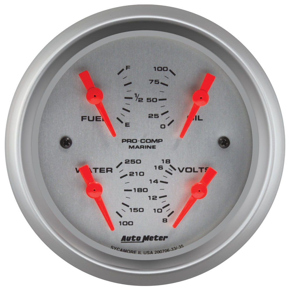AutoMeter 3-3/8" Quad Gauge, 100 PSI/100-250 F/8-18V/240-33 Ohm, Marine Silver