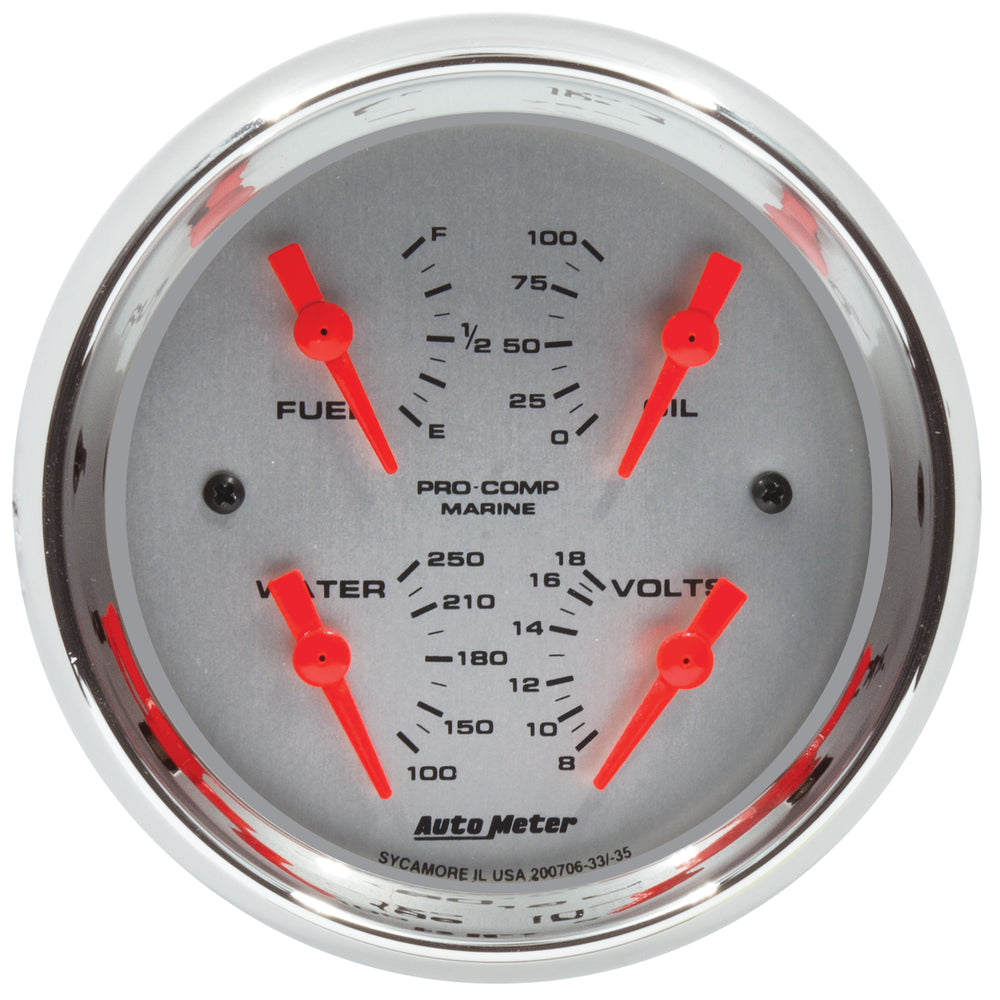 AutoMeter 3-3/8" Quad Gauge, 100 PSI/100-250 F/8-18V/240-33 Ohm, Marine Chrome
