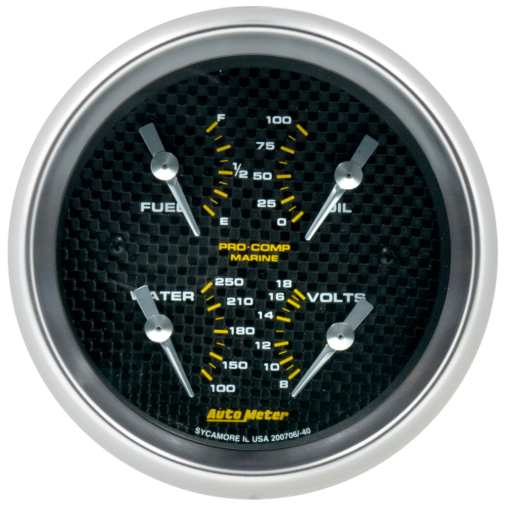 AutoMeter 3-3/8" Quad Gauge, 100 PSI/100-250 F/8-18V/240-33 Ohm, Marine Whitecarbon Fiber