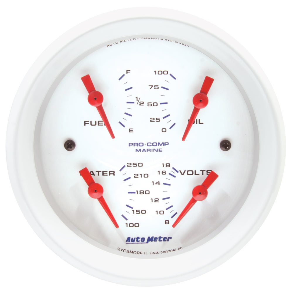 AutoMeter 3-3/8" Quad Gauge, 100 PSI/100-250 F/8-18V/240-33 Ohm, Marine White