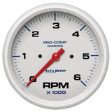 5" IN-DASH TACHOMETER, 0-6,000 RPM, MARINE WHITE