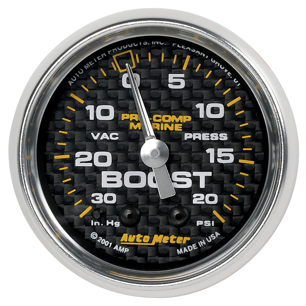 AutoMeter Gauge, Vac/Boost, 2 1/16", 30INHG-20PSI, Mechanical, Marine Carbon Fiber