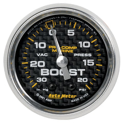 AutoMeter Gauge, Vac/Boost, 2 1/16", 30INHG-20PSI, Mechanical, Marine Carbon Fiber