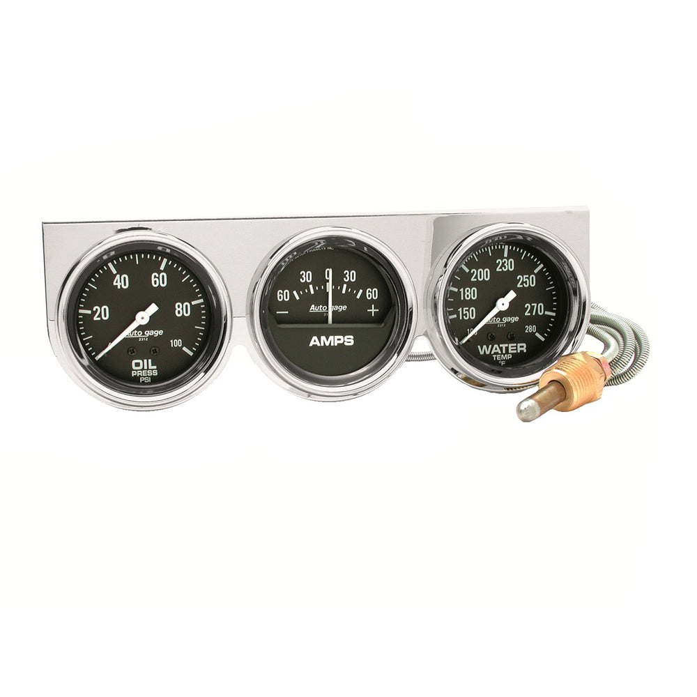 AutoMeter Gauge Console, Oilp/Wtmp/Amp, 2-5/8", 100 PSI/280 F/60A, Blk Dial, Chrome Bzl