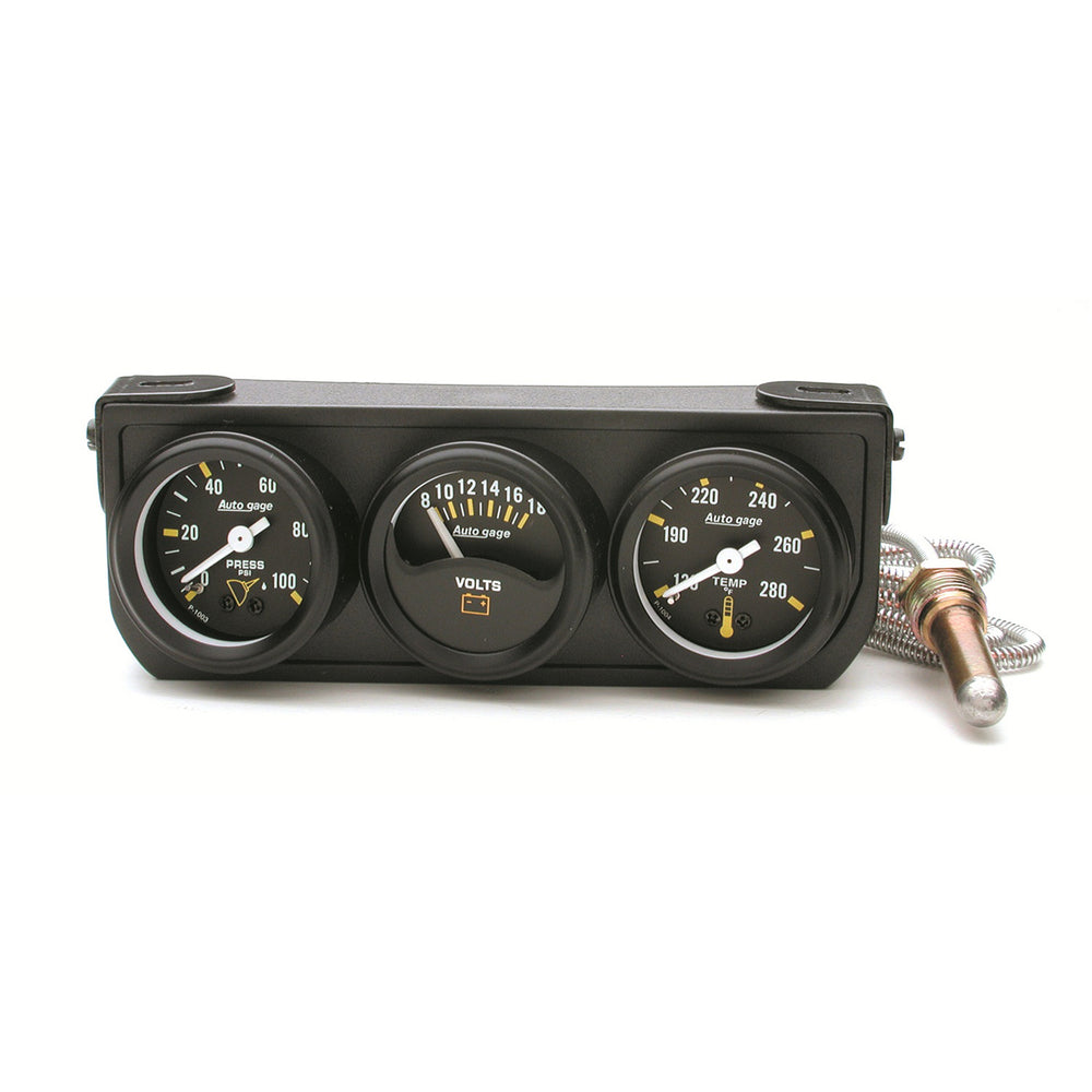 AutoMeter Gauge Console, Oilp/Wtmp/Volt, 1.5", 100 PSI/280 F/18V, Mech Blk Dial, Blk Bzl