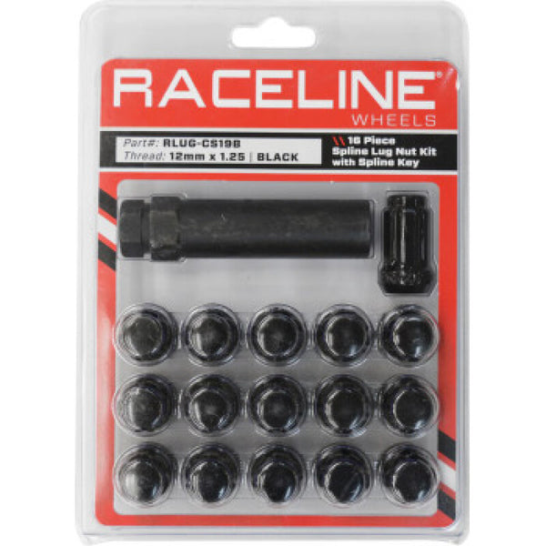 Raceline Ensemble d'écrous de roue cannelés avec clé cannelée 12 x 1.25 - paquet de 16 - noir