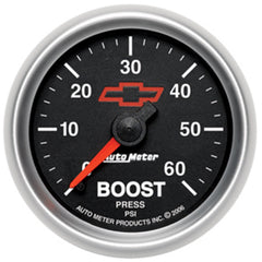 AutoMeter Gauge, Boost, 2 1/16", 60PSI, Mechanical, Chevy Red Bowtie, Black