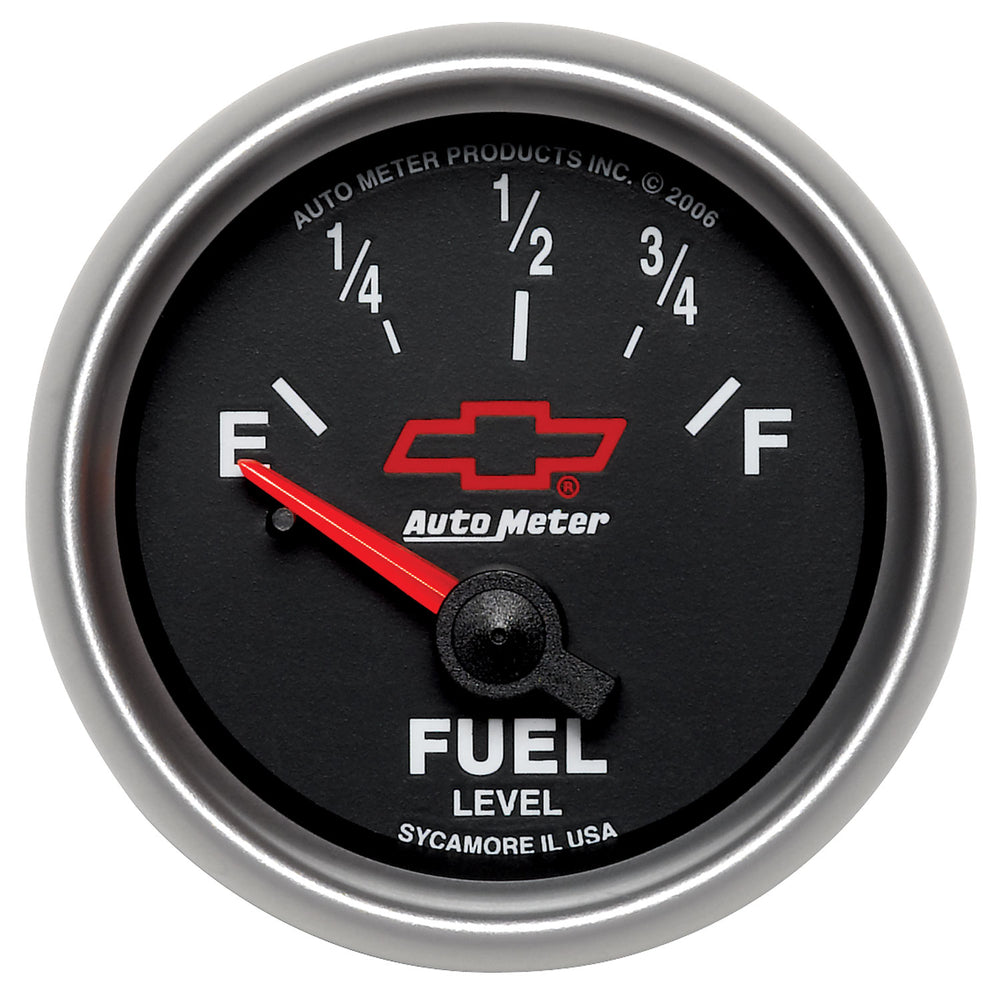 AutoMeter Gauge, Fuel Level, 2 1/16", 0OE to 90OF, Elec, Chevy Red Bowtie, Black