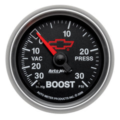 AutoMeter Gage, Vac/Boost, 2 1/16", 30INHG-30PSI, Digtl Stppr Mtr, Chevy Red Bowtie, Black