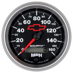AutoMeter Gauge, Speedometer, 3 3/8", 160MPH, Elec. Programmable, Chevy Red Bowtie, Black