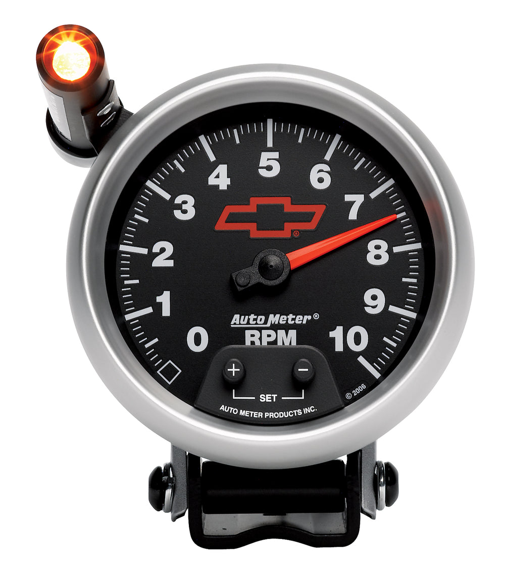 AutoMeter Gage, Tach, 3 3/4", 10K RPM, Ped W/ Ext. Quick-Lite, Chevy Red Bowtie, Black