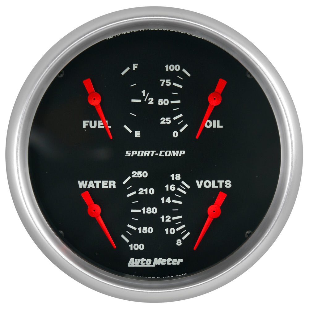 AutoMeter 5" Quad Gauge, 100 PSI/100-250 F/8-18V/240-33 Ohm, Sport-Comp
