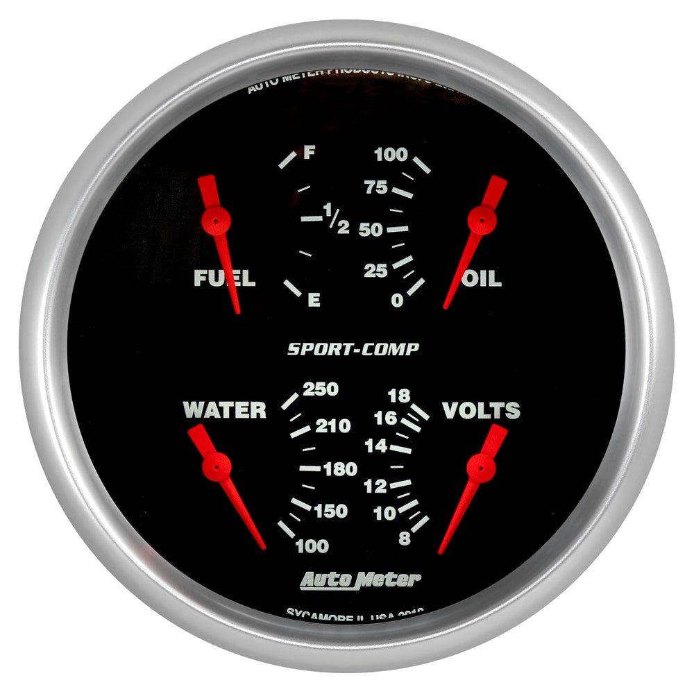 AutoMeter 5" Quad Gauge, 100 PSI/100-250 F/8-18V/0-90 Ohm, Sport-Comp