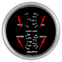 AutoMeter 5" Quad Gauge, 100 PSI/100-250 F/8-18V/0-90 Ohm, Sport-Comp