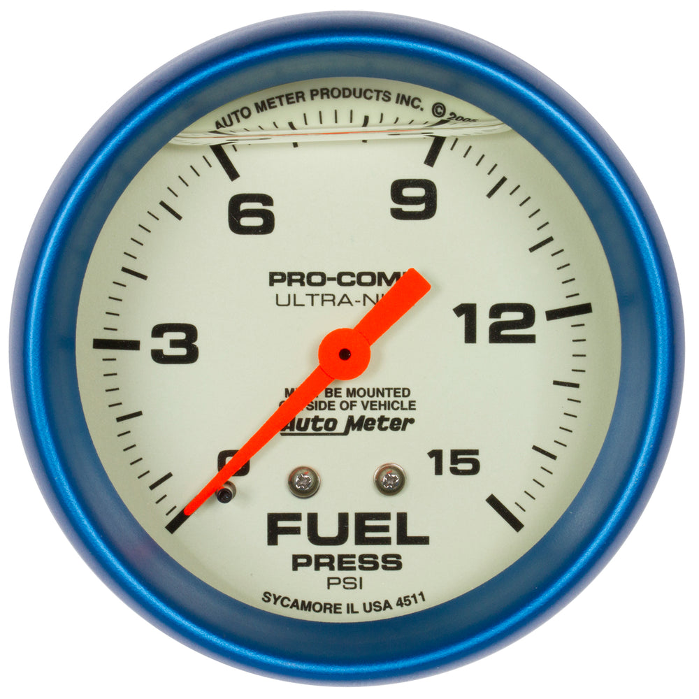 AutoMeter 2-5/8" Fuel Pressure, 0-15 PSI, Liquid Filled, Ultra-Nite