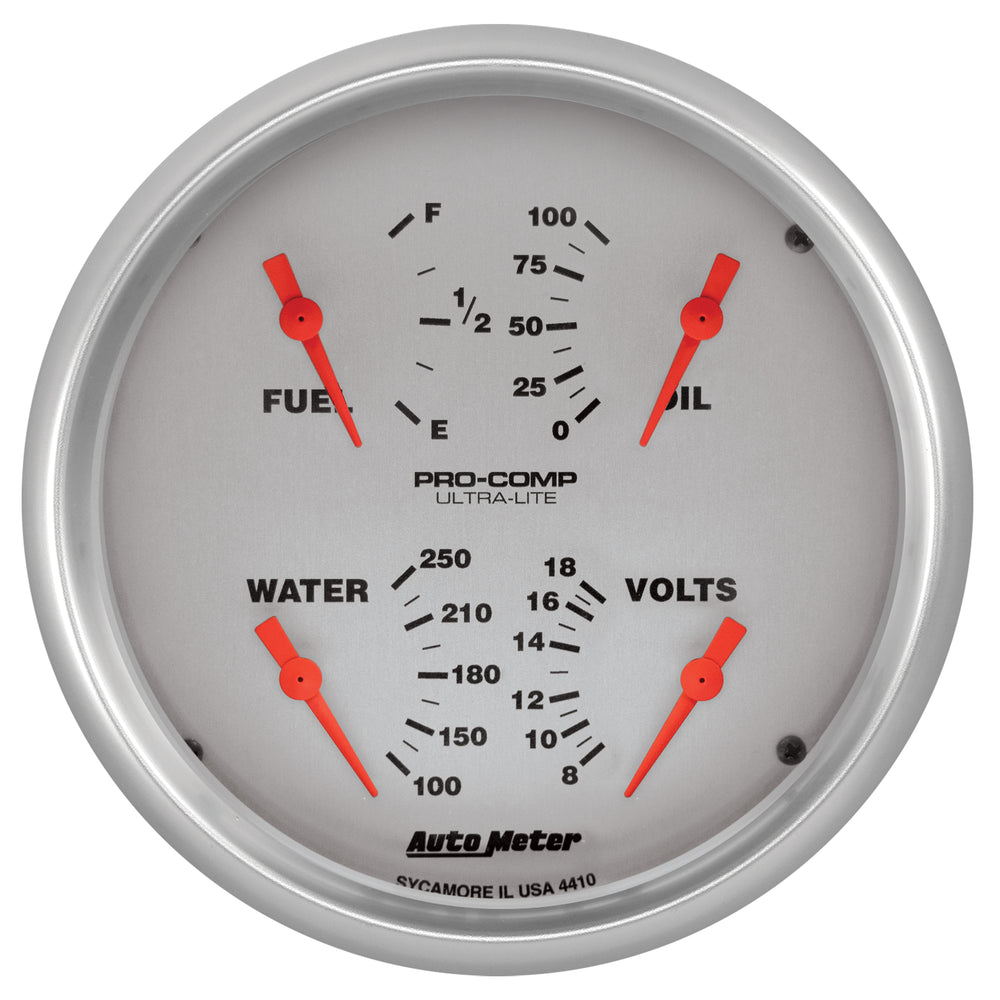 AutoMeter 5" Quad Gauge, 100 PSI/100-250 F/8-18V/240-33 Ohm, Ultra-Lite