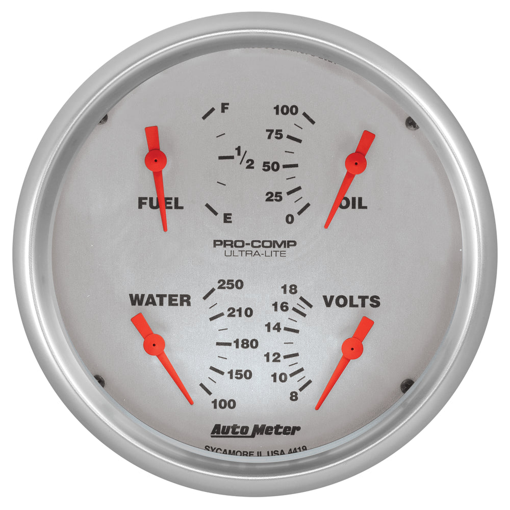 AutoMeter 5" Quad Gauge, 100 PSI/100-250 F/8-18V/0-90 Ohm, Ultra-Lite