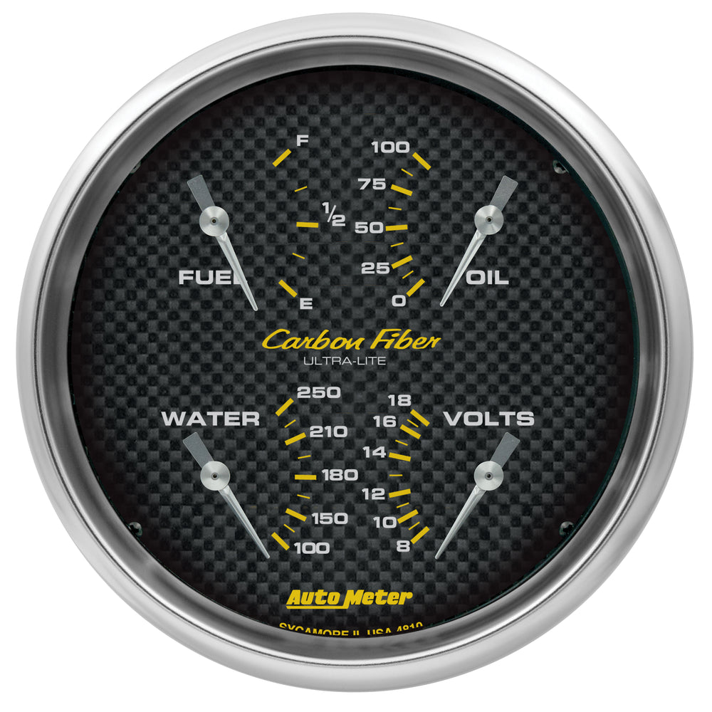 AutoMeter 5" Quad Gauge, 100 PSI/100-250 F/8-18V/240-33 Ohm, Carbon Fiber