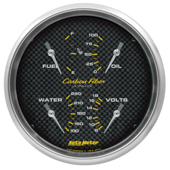 AutoMeter 5" Quad Gauge, 100 PSI/100-250 F/8-18V/240-33 Ohm, Carbon Fiber