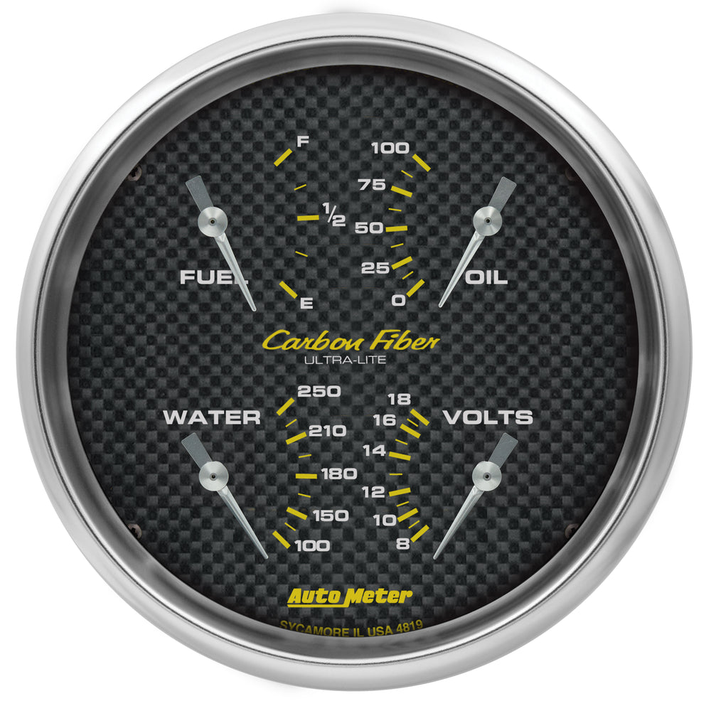 AutoMeter 5" Quad Gauge, 100 PSI/100-250 F/8-18V/0-90 Ohm, Carbon Fiber
