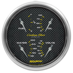 AutoMeter 5" Quad Gauge, 100 PSI/100-250 F/8-18V/0-90 Ohm, Carbon Fiber