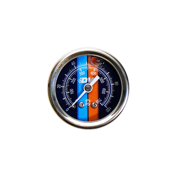 DeatschWerks Manomètre de pression de carburant mécanique 0-100 PSI 1/8 po NPT diamètre 1.5 po boîtier noir cadran bleu