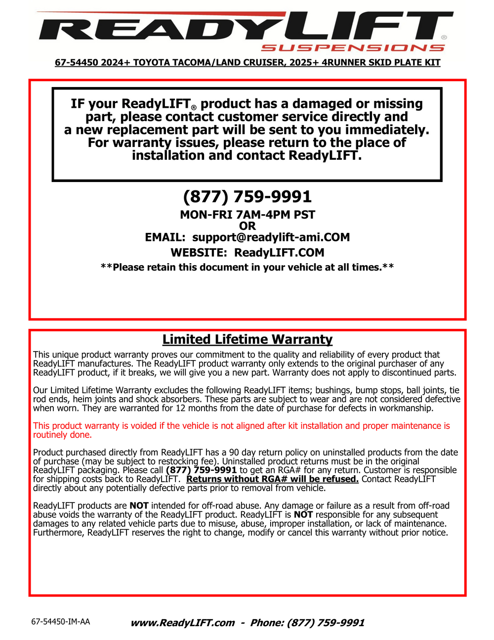 ReadyLift Plaque de protection — pour certains véhicules Toyota (67-54450)