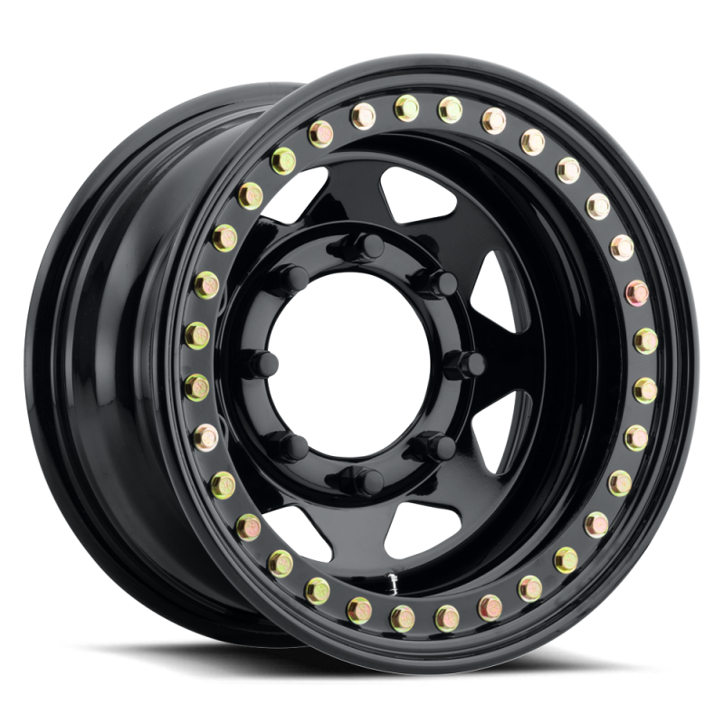 Raceline Roue RT80 Rock à 8 rayons 15x10 po / 8x165.1 BP / déport -25mm / alésage 130.81mm - noir brillant