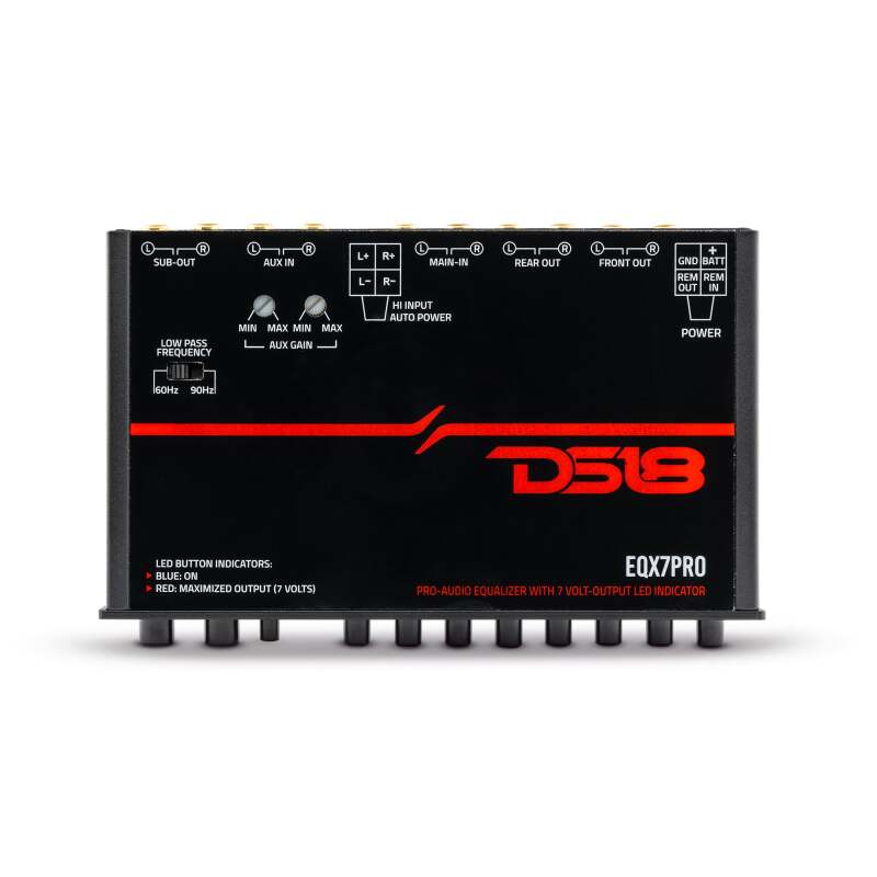 DS18 Égaliseur 7 bandes EQX haute tension, entrée haut niveau, mise en marche automatique et indicateur d'écrêtage DEL haute tension