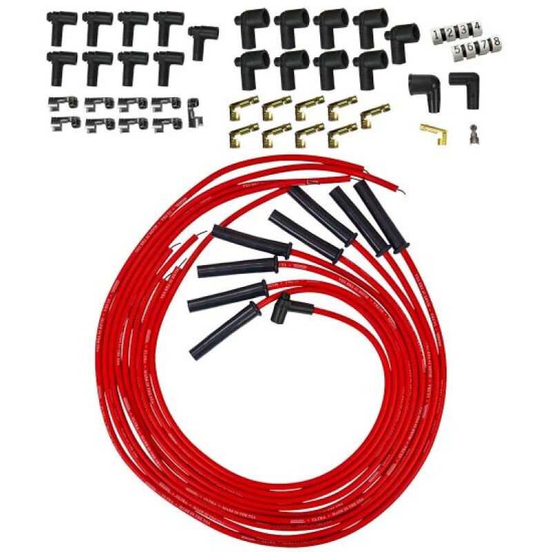 Moroso Jeu de fils de bougies Ultra 350 8mm à capuchons multi-angles pour têtes d'allumeur universelles de style HEI et non HEI - rouge