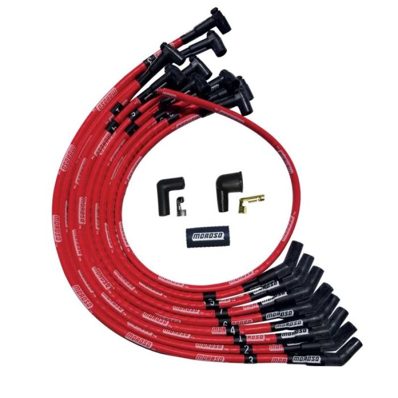 Moroso Jeu de fils de bougies Ultra gainé SBC par-dessus le couvre-soupapes, embout de bougie à 135 degrés, HEI - rouge