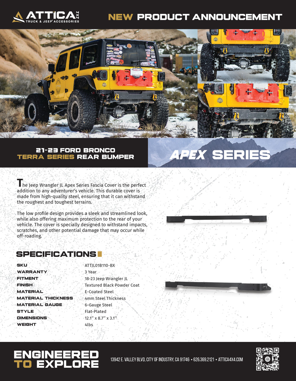 Attica 4x4 2018-2024 Wrangler Apex Series Rear Fascia Cover Kitblackpowder Coatedsteel