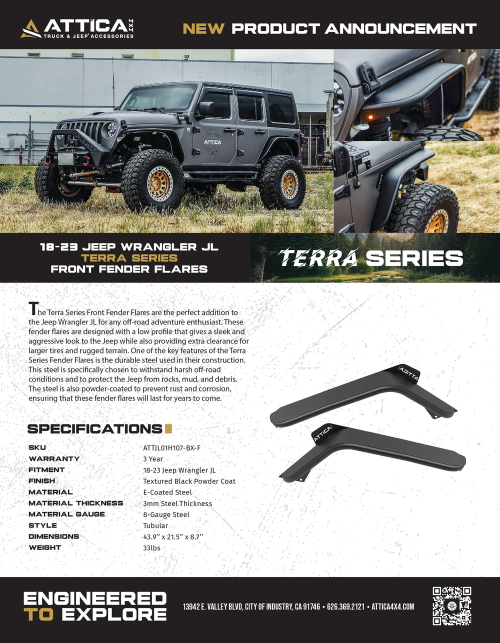 Attica 4x4 2018-2024 Jeep Wrangler JL / 2020-24 Gladiator Terra Series Front Fender Flares