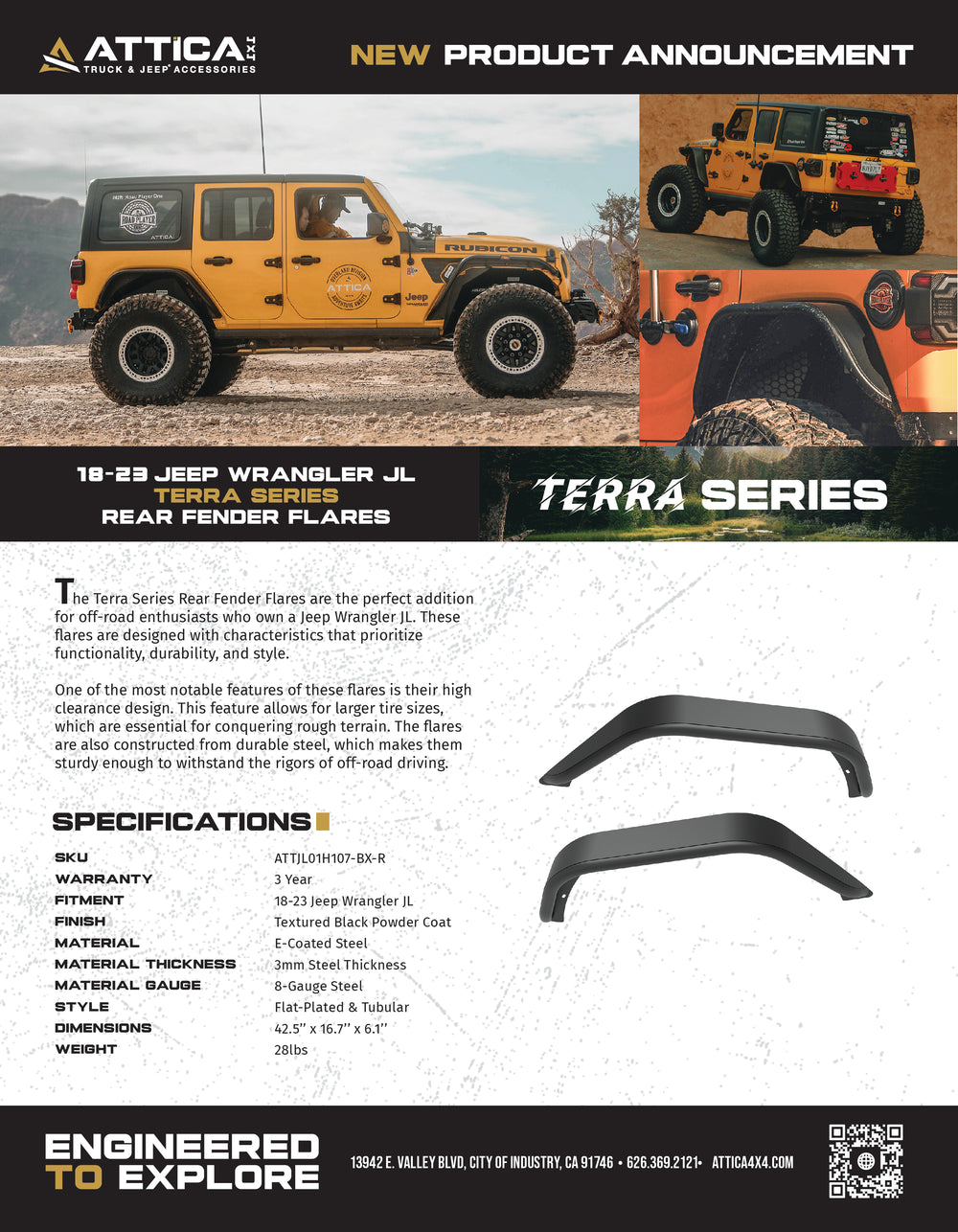 Attica 4x4 2018-2024 Jeep Wrangler JL Terra Series Rear Fender Flares