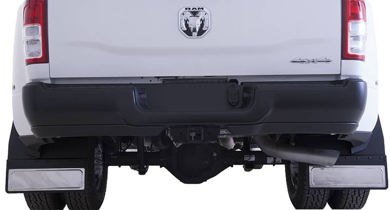 Cloud-Rider Black Custom Fit 14" Wide Kickback Rear Mud Flaps with Stainless Insert - 19-26 Ram 2500/3500 Dually